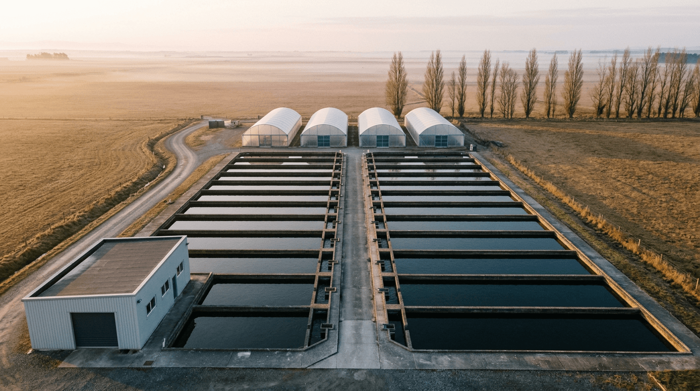 Farm pools from the air at dawn