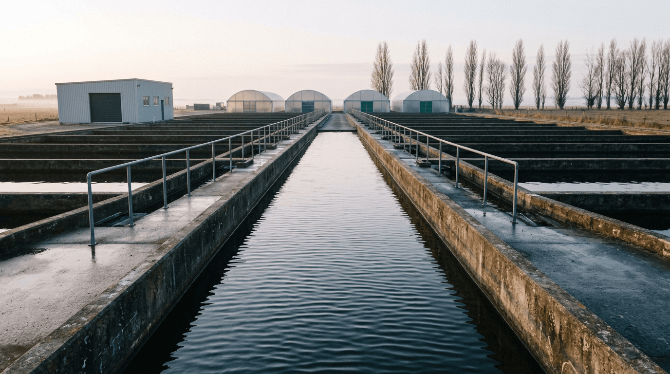 Rows of concrete raceway pools